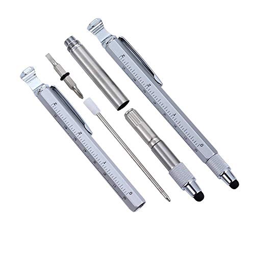 Shulaner 7 in 1 Tech Tool Ballpiont Pen with Ruler, Bottle Opener, Phone Stand, Ballpoint Pen, Stylus and 2 Screw Driver, Multifunction Tool Fit for Mens Gift (2 Silver)