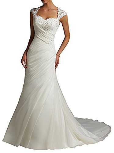 Ellystar Women's Mermaid Satin Sleeveless Covered Button Sweetheart Bridal Gowns White US10