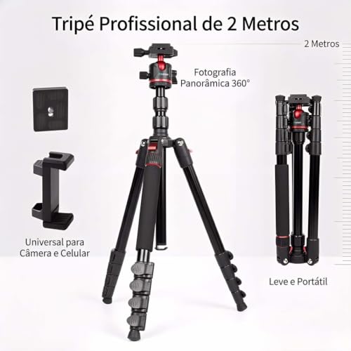 Tripé para câmera de 2 metros, equipado com cabeça esférica de 360°, com capacidade para 5 kg, inclui suporte para celular; tripé leve para viagens e atividades ao ar livre