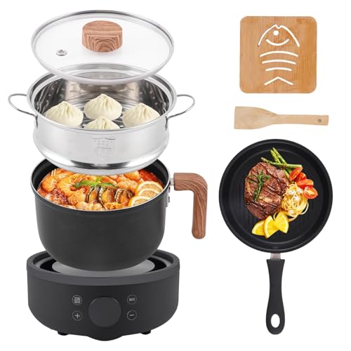 Electric Hot Pot Mini Cooker, 1.8L Ceramic Non-Stick Frying Pan with Steamer, 800W Multifunction Skillet for Stew, Ramen, Pasta & Soup, Ideas for Home Dorm & Travel