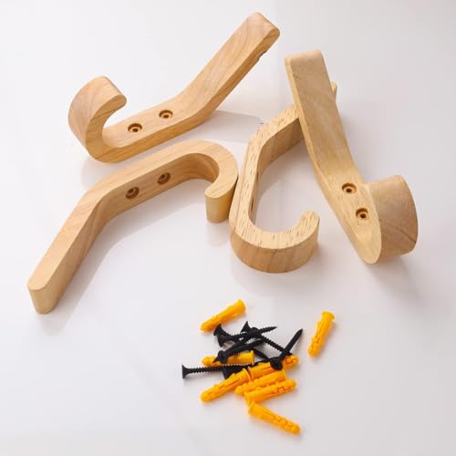 Wall Mounted Solid Wood Coat Rack (4 Pieces) - Hand Polished Oak Design Hooks - 10kg - For Kitchen, Bedroom & Bathroom