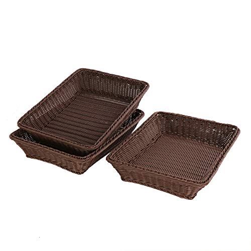 15.7" Poly-Wicker PP Rattan Bread Basket Bread Shop Supermarket Display Basket Woven Tabletop Food Fruit Vegetables Restaurant Serving Basket (Dark Brown, Middle 40x30x10cm)