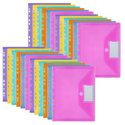 MOWETOO 24 Pieces A4 Document Bags, A4 Document Folder for Filing, 11 Hole Document Pockets, Zipper and Label Pocket, Document Organizer Folders (6