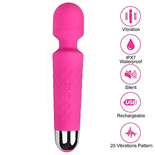 Handheld Personal Wand Massager Rechargeable with 8 Powerful Speeds 20 Vibration Modes, Cordless, Waterproof Massager for Muscle Aches Sports Recovery, Whisper Quiet - Pink