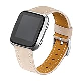 bayite Bands Compatible Fitbit Versa, Genuine Leather Wristband Accessories Replacement Fitness Strap for Versa Women Men, Beige