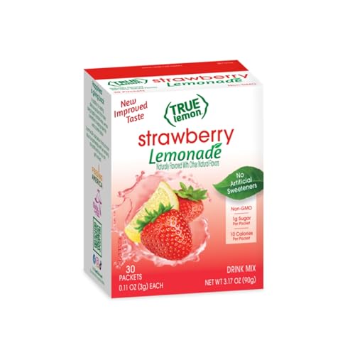 TRUE LEMON STRAWBERRY LEMONADE WATER ENHANCER DRINK MIX (30 COUNT), LOW CALORIE DRINK MIX PACKETS FOR WATER, POWDERED DRINK MIXES & FLAVORS, INDIVIDUAL DRINK PACKETS WITH STEVIA