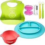 7PC Silicone Baby Feeding Set - Silicone Bowl and Silicone Plates - Suction Silicone Bowl and Dishes for Toddler - Toothbrush and Food Pacifier for Toddlers