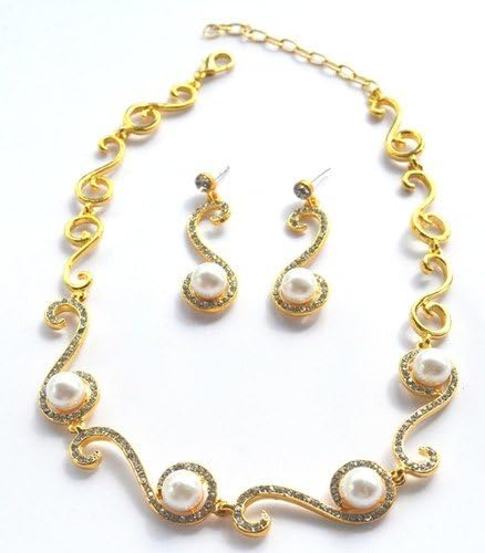 Stunning Diamante & Faux Pearl Necklace & Earrings Set in Gold - Necklace Set