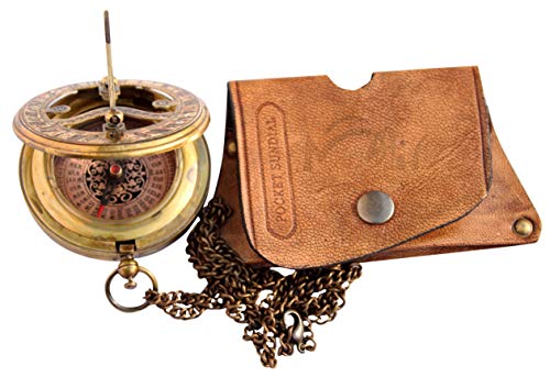 MAH Brass Sundial Compass with Leather Case and Necklace Chain - Push Open Compass - Steampunk Accessory - Antiquated Finish - Beautiful Handmade Gift -Sundial Clock C-3047