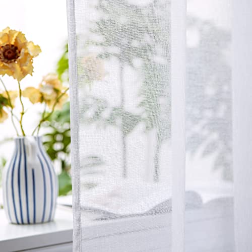 Woaboy Modern Living Room Curtains Short White Curtains for Windows 2 Pieces 140 x 145 cm Curtains Bedroom Curtains Translucent Polyester with Rings White