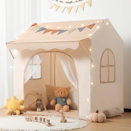 Besrey 2-in-1 Kids Play Tent with Canopy for Indoor and Outdoor Use with Lights, Bunting and Mat, Large Design for Reading and Creative Games - Ideal Christmas Gift for Kids
