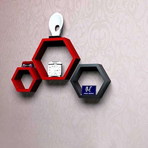Amaze Shopee Wall Mount Shelves Hexagon Shape Set of 3 Wall Shelves (Black & Red)