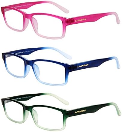 LianSan Womens Mens Designer 3 Pack Magnifying Rectangular Lightweight Reading Glasses Unisex Fashion Readers 1.5 1.0 2.0 2.5 3.0 3.5 4.0 L3713 (+3.00, PK-BU-GN)