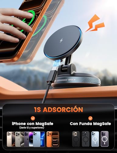 Lamicall Cargador Magnético Auto 15W - Dos Puertos Tipo C, Soporte Magnético para Auto Succión al Vacío, Cargador Inalámbrico iPhone, Porta Celular para Auto, Truck Jeep para iPhone 17 Pro MAX 16 15