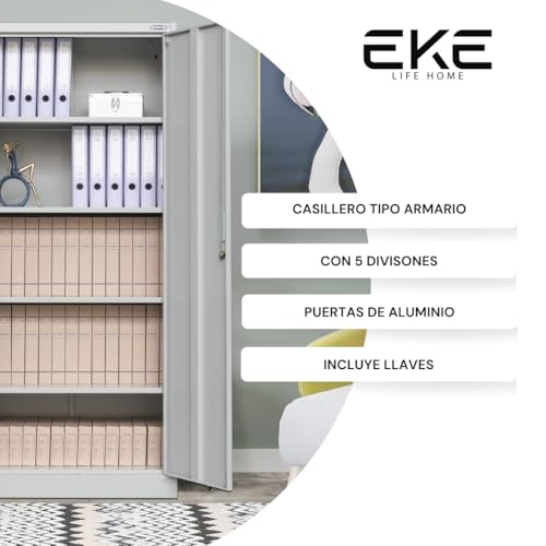 EKE Locker Metalico Gabinete Metalico Tipo Closet para Oficina Hogar Organizador Resguardo de Documtentos Armario de Almacenamiento con Puertas Entrepaños Ajustables Papeleria Hogar (Gris)