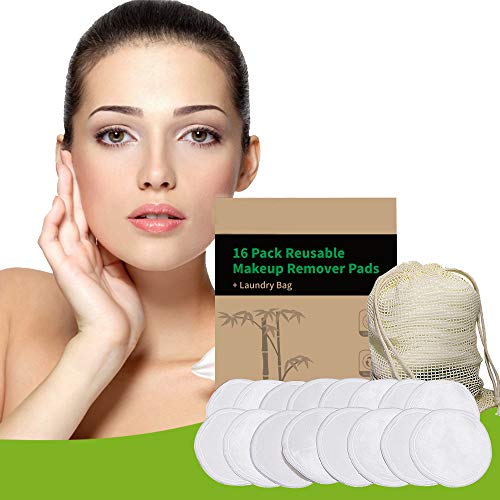 16 Pack Organic Reusable Makeup Remover Pads, Bamboo Cotton Rounds Makeup Pads Washable Facial Cleansing Cloths for Eye Makeup Remove Face Wipe
