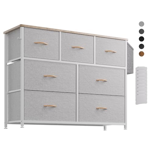 PURFINO Fabric Chest of Drawers - Fabric Chest of Drawers with 7 Large Drawers, Labels, Side Pocket and Hook for Living Room, Hallway, Bedroom (Light Grey)