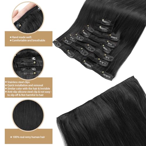 ABH AMAZINGBEAUTY HAIR Clip in Hair Extensions Human Hair Straight Clip in Extensions Full Head Clip in Remy Human Hair Clip ins Jet Black Color #1 Reusable Invisible 8Pcs 20 Inch 120 Grams