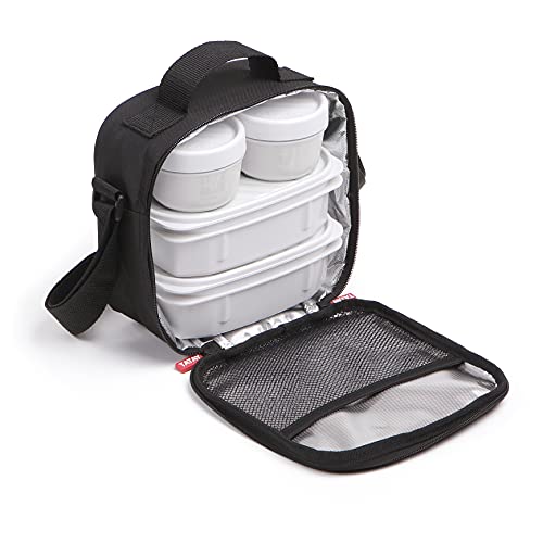 Borsa Termica Porta Pranzo Impermeabile - Urban Food Casual 3L | 4 Contenitori: 2x0,5L + 2x0,2L | Triplo Strato Isolante | Corpo Semirigido | Tasca Interna | 22,5x10x22 cm, Nero