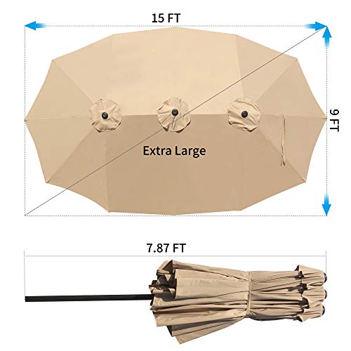 Cozy Daisy 15 FT Patio Umbrella Outdoor Double-Sided Large with Crank For Outside Shade Sofa or Pool, 12 Ribs，Base Not Included, Beige