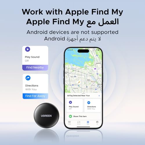 UGREEN 2PCS FineTrack Smart Finder, Apple Find My (iOS only) Smart Tag Replaceable Battery Tracker Locator Luggage Tag Bluetooth Item Finder for Wallet, Suitcase, Car, Keys, Passports