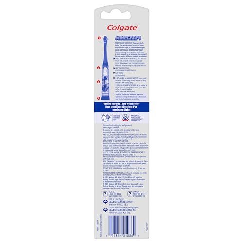 COLGATE KIDS BATTERY POWERED MINECRAFT TOOTHBRUSH, EXTRA SOFT KIDS BATTERY TOOTHBRUSH WITH 1 AA BATTERY INCLUDED, MADE FOR AGES 3 AND UP, FEATURES EASY ON AND OFF SWITCH, FLAT LAY HANDLE, 1 COUNT