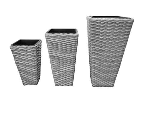 Pflanztöpfe Rattan 3er Set konisch Grau Pflanzkübel Pflanzenkuebel Blumentopf Blumenkübel Kunststoff (Hellgrau) – Bild 4
