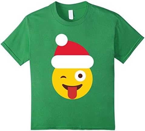 Kids Santa Hat Tongue Out Winking Eye Christmas Emoji T-Shirt 10 Grass