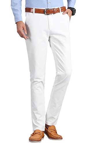INFLATION Mens Slim Tapered Stretch Flat Front Casual Pants 100% Cotton Dress Pants Trousers for Men,22 Color Choices,White Pants Size 30