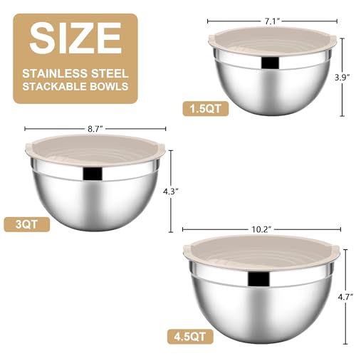 E-far Mixing Bowls with Lids, 6-Piece Stainless Steel Salad Bowls Metal Nesting Bowls for Baking Cooking and Prepping, Airtight Lids & Stackable Design, Size 4.5, 3, 1.5 QT (Khaki)