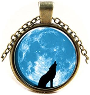 Blue moon pendant wolf jewelry animal neckless women gift best friends necklace glass dome pendant (bronze)