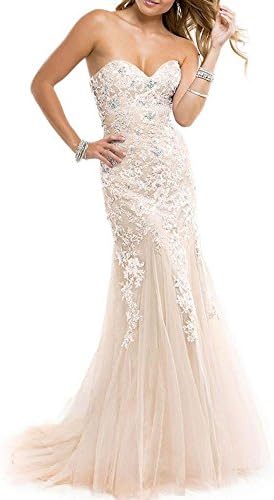 Wishwell Women's Sweetheart Strapless Tulle Prom Dresses Long Appliques Mermaid Evening Dress