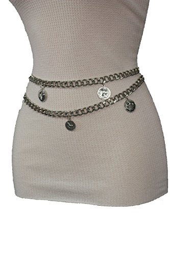 TFJ Women Fashion Wide Belt Hip High Waist Metal Chains Greek Coins S M L Silver