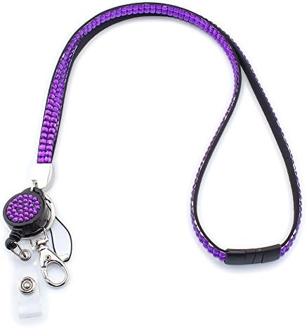 Soleebee 31.5 inches Sparkling Rhinestones Leather Neck Strap Lanyard Retractable Badge Reel with Breakaway Safety Clasp (Purple)