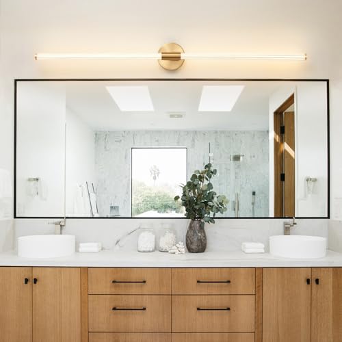 Luces de tocador de baño doradas de 47 pulgadas de largo, accesorios de iluminación para baño sobre espejo, con cableado fijo, LED regulable, iluminación completa de 360°, barra de luz de tocador