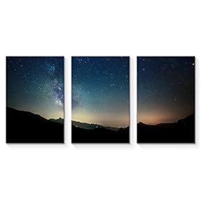3 Piece Canvas Wall Art - Night Sky Stars with Milky Way on Mountain Background - Modern Home Art Stretched and Framed Ready to Hang - 16"x24"x3 Panels
