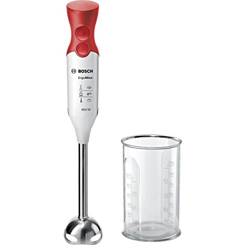 Bosch Hausgeräte MSM64110 ergonomischer Stabmixer mit Edelstahl-Mixfuß QuattroBlade (450 W) Rot, Weiß