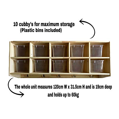 Sleekform Wooden Wall Mounted Hanging Shelf | Includes 10 Bins, 5 Double Coat Hooks | Birch Hardwood Storage Cubby Shelves | Rack for Daycare, Garage, Entryway, Bathroom, Bedroom, Clothes and Shoes