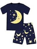 DHASIUE Cartoon Girls Pajamas Cotton Short Pajama Set Little Kids Sleepwear Clothes Size 1-7 Years (6-7 Years, Dark Blue (Moon and Stars))