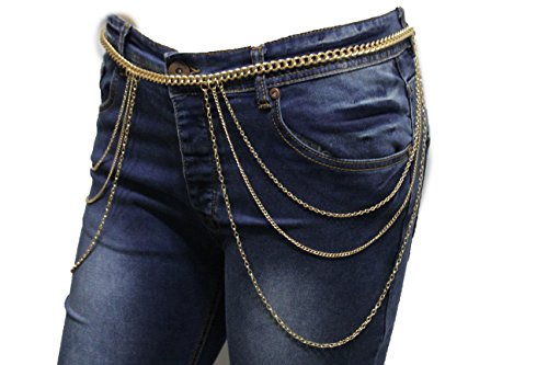 TFJ Women Fashion Belt Hip Waist Gold Metal Chains Side Long Waves Hips S M L