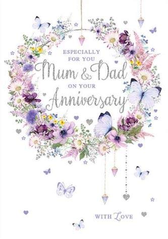 Pizazz Stunning Artistic Anniversary Card From the Range - Mum and Dad - Wreath of Flowers and Charms- Exquisite Foil and Flitter Finish - Greeting Card for Both of You (NQ-DS610)