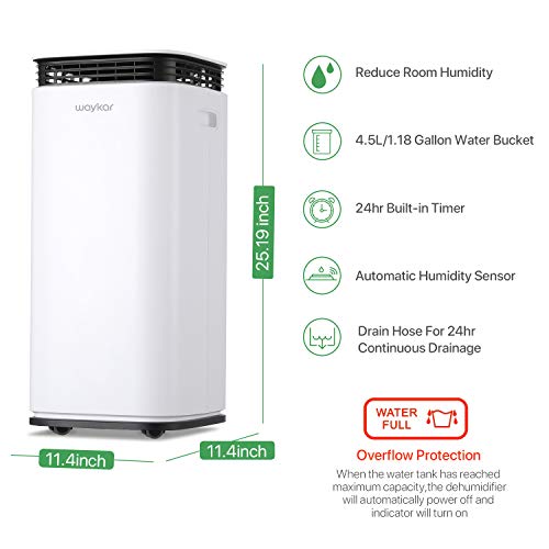 Waykar 70 Pint Dehumidifier for Home Basements Bedroom Garage, Removes 9 Gallons Moisture/Day in Spaces up to 4500 Sq. Ft, with Continuous Drain Hose, 1.18 Gallons Water Tank and Four Air Outlets