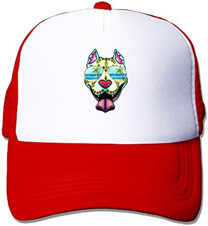 Pit Bull Sugar Skull With Sunglass Men's Trucker Mesh Hat Baseball Caps Red
