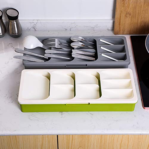 Expandable Kitchen Drawer Organizer, Adjustable Cutlery Tray, Flatware Drawer Tray, Drawer Dividers Organize Multi-Purpose Storage for Kitchen, Office, Bathroom (White-Green) …