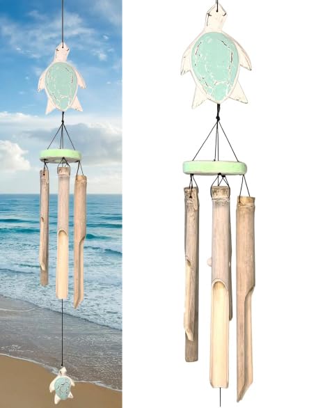 Photo 1 of Rustic Sea Turtle Bamboo and Wood Windchimes – Outdoor Wind Chime – Distressed Finish – Whitewash & Teal Blue – Natural Beautiful Relaxing Sound