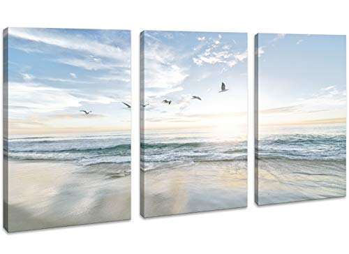 Canvas-Wall-Art-for-Bathroom-Seascape-Beach-with-Sea-Birds-Giclee-Print-Gallery-Wrap-Modern-Home-Art-Ready-to-Hang-12-x-16-x-3-piece-set