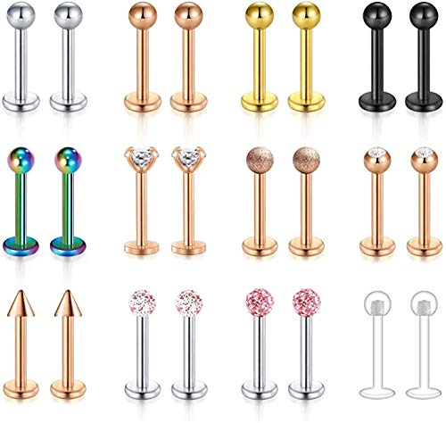 incaton 16G Labret Stud Lip Rings Retainer Cartilage Tragus Helix Earring Barbell Monroe Medusa Piercing Jewelry with Clear Diamond CZ 24 Pcs Stainless Steel 8mm Bar Length for Women