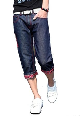 Amazon 7分丈 ハーフ パンツ メンズ デニム 無地 格子 柄 ストリート