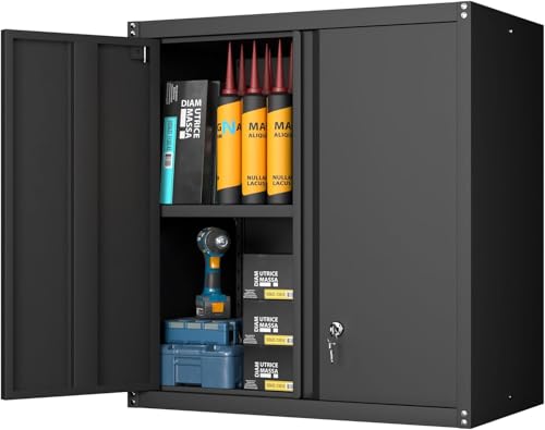 GREATMEET Metal Wall Cabinet, Wall Mounted Storage Cabinet with Lock for Garage Storage, Floating Cabinet with Doors and Adjustable Shelf for Utility Room,Tool Cabinets