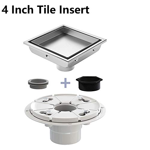 USHOWER 4 Inch Brushed Square Shower Drain with Drain Flange Kit, Tile-insert & Flat Cover 2-in-1, 304 Stainless Steel - Thumbnail 7